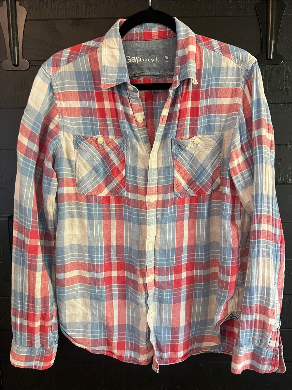 GAP Red, Light Blue & White Plaid Button-Up Shirt